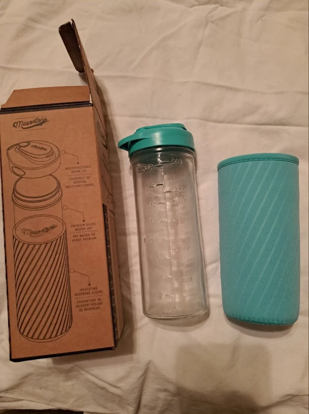 Mason Teal Hydration Kit Sleeve & Mason Jar NEW 2 Cup Capacity
